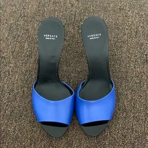 Blue and black Versace mules